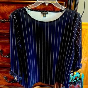 Scoop neck dress blouse, navy blue with thin white stripes